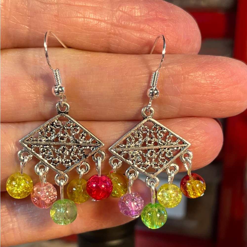Silver Tone Dangle Earrings with Multicolor Beads